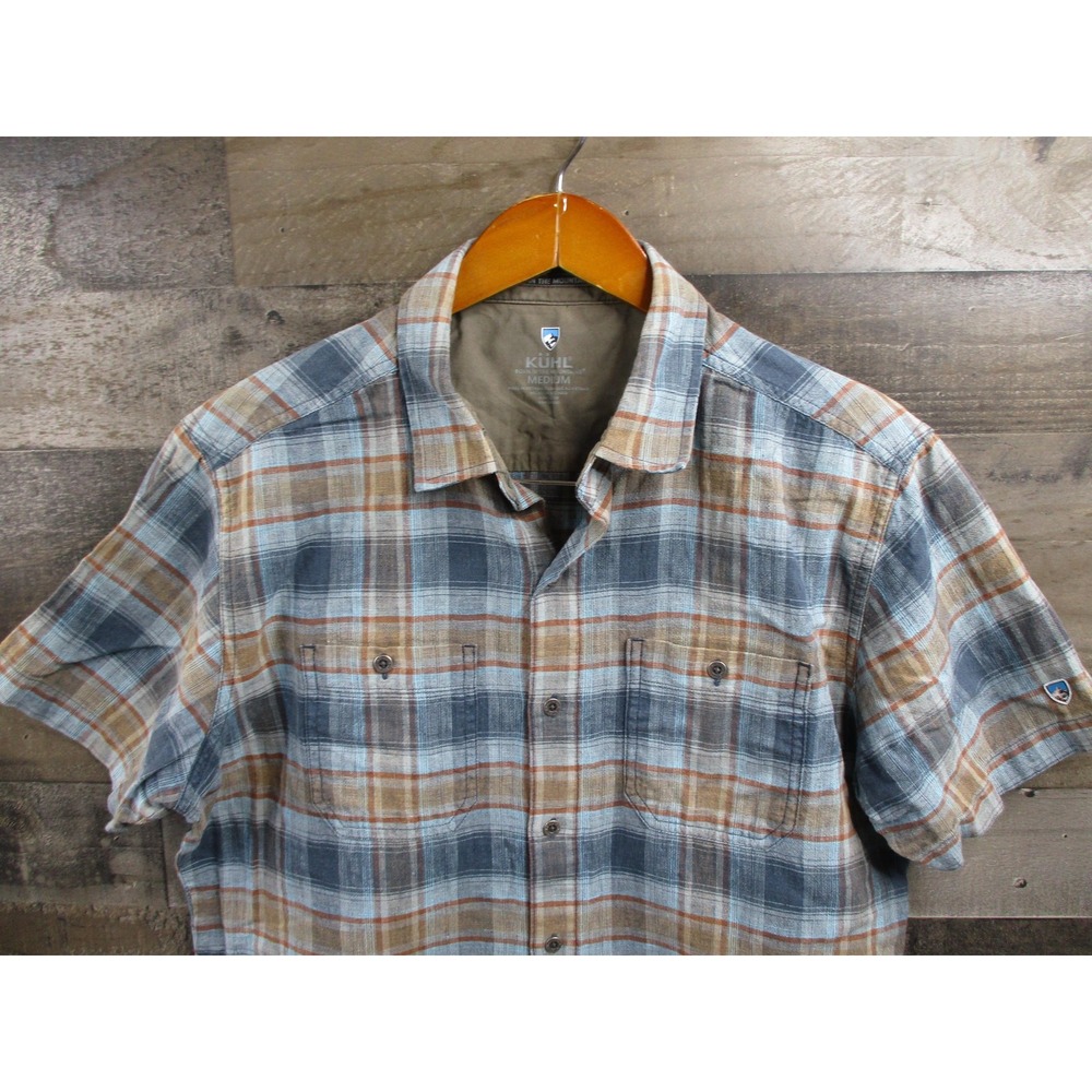 KUHL Shirt Mens Medium Blue Plaid Linen Cotton Skorpio Button Up Short Sleeve